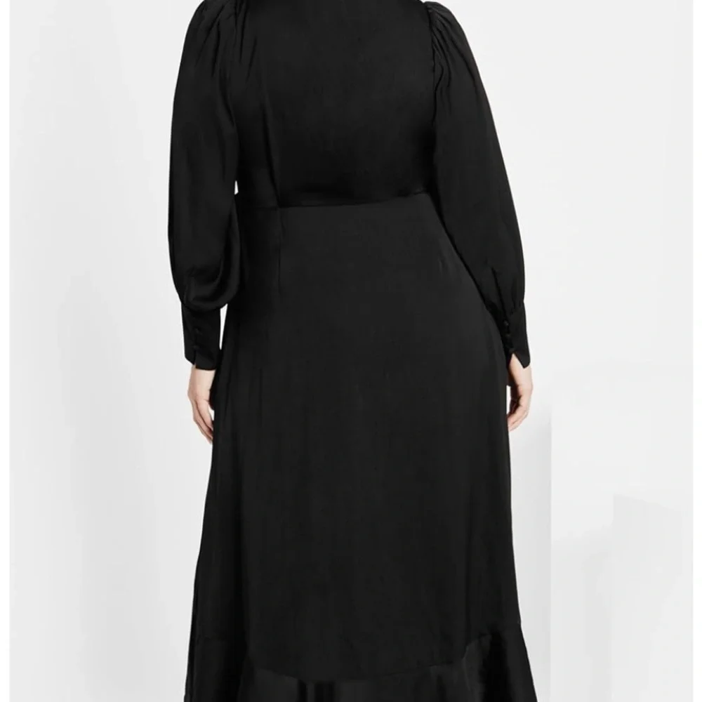 Elegant Black Matte Satin Flowing Ruffle Hem Balloon Sleeve True Wrap Dress - Picture 3 of 8